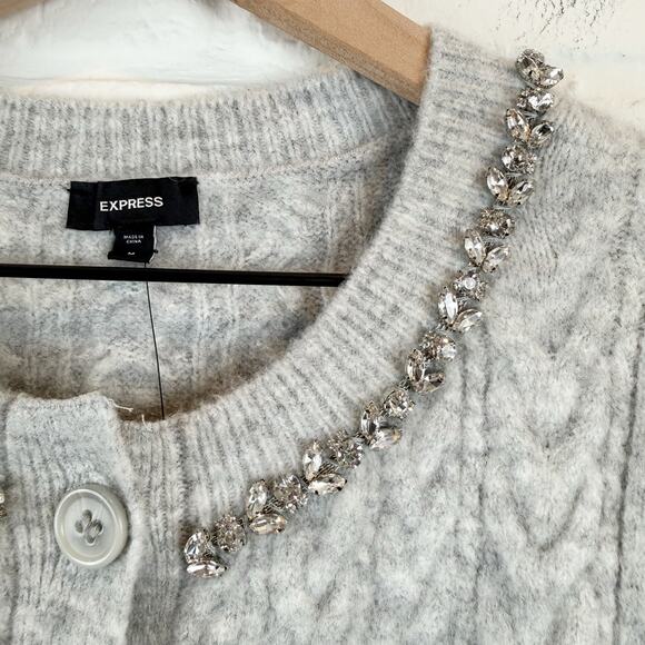 Express Gray Cozy Cable Knit Jewel Embellished Short Sleeve Cardigan Sweater M - Picture 4 of 11